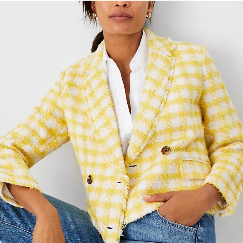 Ann Taylor- Plaid Fringe Tweed Double Breasted Jacket, Yellow, Size 10 NWT
